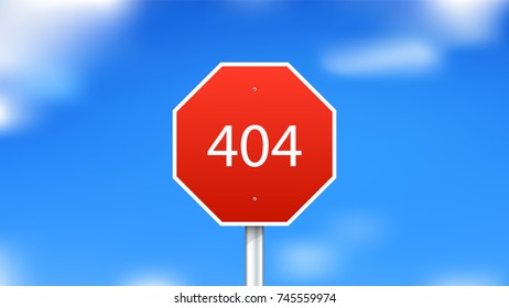 404 error page. Red stop sign on sky background