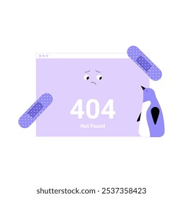 404 Página De Error Con Cara Triste Y Pingüino En Ilustración vectorial Plana Que Simboliza Contenido No Encontrado, Error De Sitio web Y Alteración De La Página, Aislado Sobre Fondo Blanco.