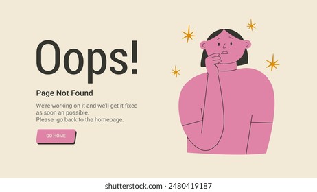 404 error page with sad scared woman in horror facial expression made a big mistake feeling guilty biting lips fingers. Oh no, I failed again. Flat vector illustration.