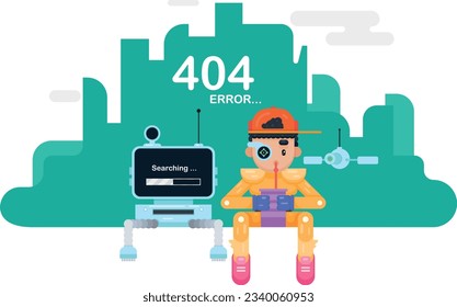 404 error page template. boy sitting with a bot drinking smoothie. website error message, vector illustration