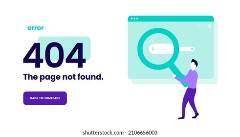 404 error page template with man holding magnifying glass at search bar in website window. Modern flat illustration.