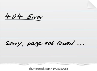 404 error page template, torn piece of ruled paper from notepad with handwritten text vector illustration