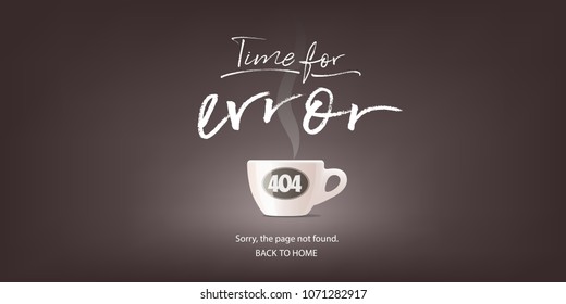 404 error page vector illustration, banner with not found message. Coffee cup with failure warning sign background for website error 404 concept design element 