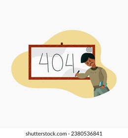 404 página de error con ilustración vectorial de hombre escribiendo en la pizarra sobre fondo blanco.