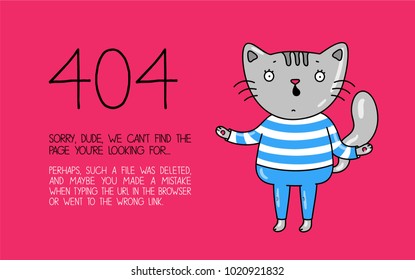 404 error page vector template for website. Cute sailor cat on a pink background