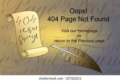 404 error page vector template for website. Antique and medieval style design with parchment scroll and writing feather. Background covered with letters. Text warning message 404 page not found.