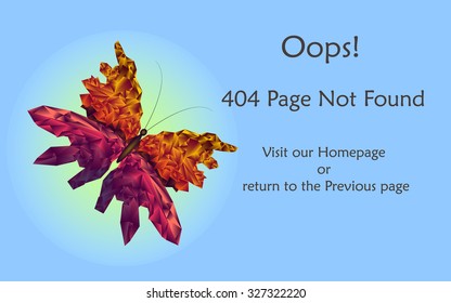 404 error page vector template for website. Low poly butterfly created in futuristic technology style on a light blue clean background. Text warning message 404 page not found.