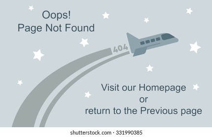 404 error page vector template for website. Spaceship flying in outer space leaving trace. White stars in grey background. Text warning message 404 page not found.