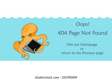 404 error page vector template for website. Octopus in the ocean is breaking a laptop. Computer attacked by sea monster. Text warning message 404 page not found.