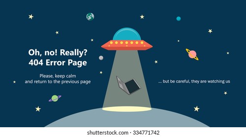404 error page vector template for website. Outer space landscape with UFO stealing a laptop with ray of light. Levitating computer. Planets and stars in space. Text warning message 404 page not found