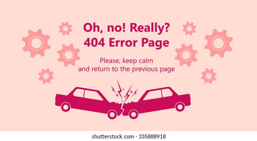 404 error page vector template for website. Car crash incident, front to front automobile collision. Gear wheels on the background. Text warning message 404 page not found