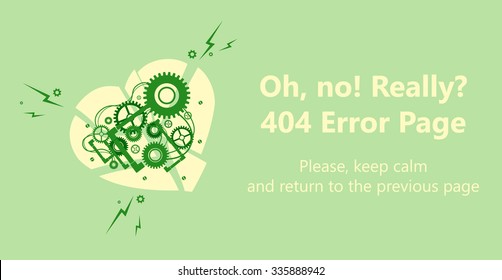 404 error page vector template for website. Cute lovely broken heart with gear wheels, nuts and other mechanical parts. Green colors used. Text warning message 404 page not found
