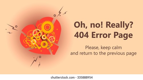 404 error page vector template for website. Cute lovely broken heart with gear wheels, nuts and other mechanical parts. Red colors used. Text warning message 404 page not found