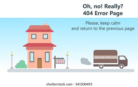 404 error page vector template for website. Moving out of house. Truck carrying stuff. Empty two-storeyed building with street lights and bushes. Text warning message 404 page not found.