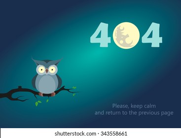 404 error page vector template for website. Night landscape with owl on a tree branch. Moon instead of a zero. Text phrase "Return to the previous page"
