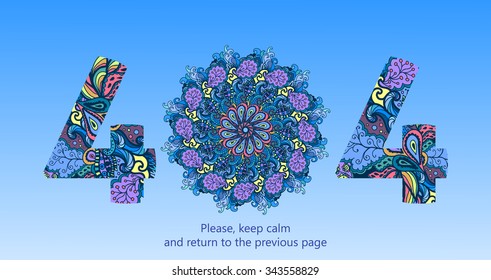 404 error page vector template for website. Big numbers colored with doodle ornament and sophisticated mandala in the middle on light blue background. Text phrase "Return to the previous page"