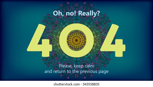 404 error page vector template for website. Big numbers with sophisticated mandala on dark background. Oriental looking 404 error page with text phrase "Return to the previous page"