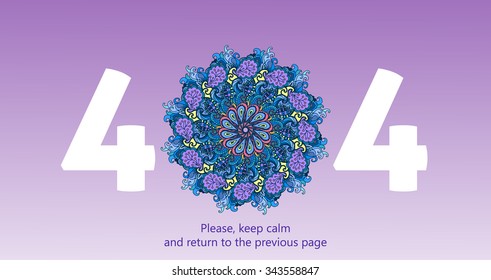 404 error page vector template for website. Big numbers with sophisticated mandala on light purple background. Oriental looking 404 error page with text phrase "Return to the previous page"
