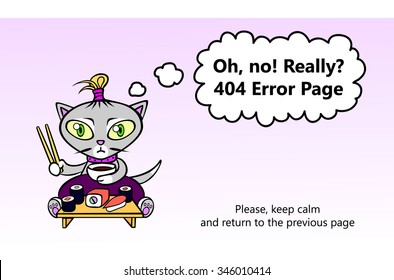404 error page vector template for website. Cute cat eating sushi with chopsticks. Cartoon style 404 error page with text phrase "Return to the previous page"