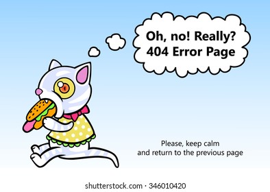404 error page vector template for website. Cute hungry cat eating hotdog with his mouth wide open. Cartoon style 404 error page with text phrase "Return to the previous page"
