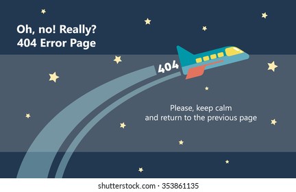 404 error page vector template for website. Green spaceship with red wings and yellow windows flying in outer space leaving trace. Stars in dark background. Text warning message 404 page not found.
