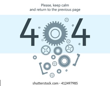 404 Error Page Vector Template For Website. Light White And Blue Background. Pile Of Cogwheels, Nuts And Screws Falling Into Pieces. Text Warning Message. 404 Page Not Found.