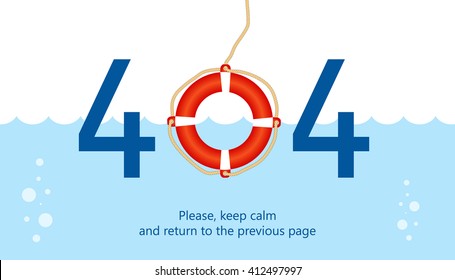 404 error page vector template for website. Sea waves and floating safety ring instead of zero sign. Light and gentle background colors. Text warning message. 404 page not found.