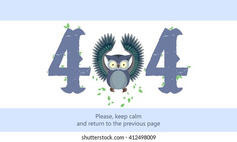 404 error page vector template for website. Light white and blue background and big jumping owl with round eyes and open wings. Leaves flying around the bird. Text warning message. 404 page not found.