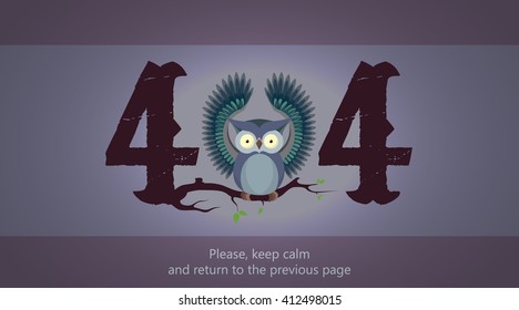 404 error page vector template for website. Dark violet background and big scared owl with round eyes and open wings. Text warning message. 404 page not found.