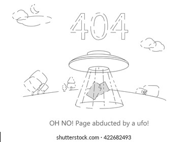 404 error page vector template for website. Outer space landscape with UFO stealing a pages with ray of light.Planets and stars in space. Text warning message 404 page not found