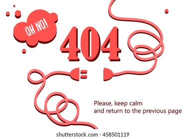 404 error page vector template for website. Electricity cable with disconnected plug. Text message "Return to the previous page".
