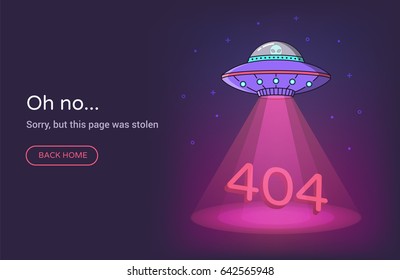 404 error page vector template for website. Ufo spaceship with beam of light on starry sky background