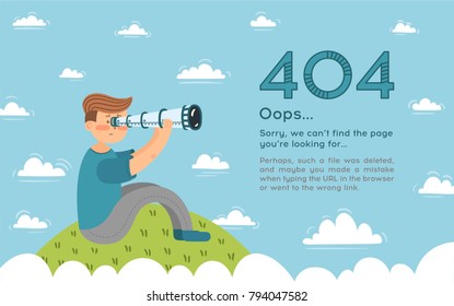404 error page vector template for website. The guy sits on a hill and looks to the sky through a telescope.