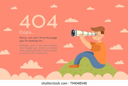 404 error page vector template for website. The guy sits on a hill and looks to the sky through a telescope.