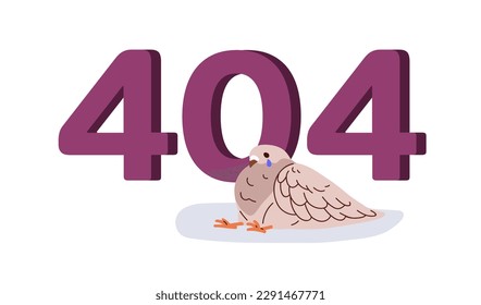 404 página de error, sitio web no encontrado. Gracioso diseño cómico de página web equivocada con pájaro llorando. Error de mensaje, acceso y error de carga. Ilustración vectorial gráfica plana aislada en fondo blanco