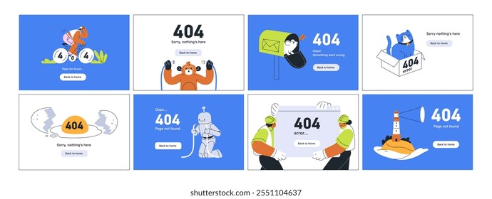 404 error pages set. Unavailable webpages, funny online internet designs with humorous problem messages. Creative web templates for failure, empty broken site with nothing. Flat vector illustrations