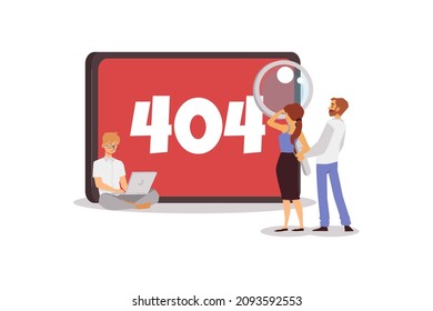 Icono emergente de error 404 en la pantalla de tablet y personajes pequeños de la aplicación de usuarios, ilustración vectorial plana aislada en fondo blanco. 404 o no se encontró la advertencia de página.