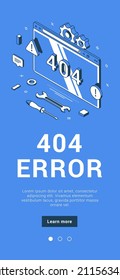 404 error server system failure computer browser screen warning message mobile banner isometric vector illustration. Maintenance update under construction caution cyberspace network problem