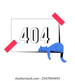 404 Error Con Gato Durmiente En Pantalla En Ilustración vectorial Plana Que Simboliza Sitio web No Encontrado, Tiempo De Inactividad Y Relajación, Aislado Sobre Fondo Blanco