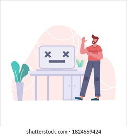 404 error, surprised man with dead computer, male person with empty web search result vector illustration for website