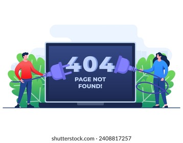 404 error, System error, Broken page, People trying to connect disconnected wires from the outlet, Cable and socket, Page not found concept flat illustration vector template for web design, website