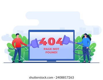 404 error, System error, Broken page, People trying to connect disconnected wires from the outlet, Cable and socket, Page not found concept flat illustration vector template for web design, website