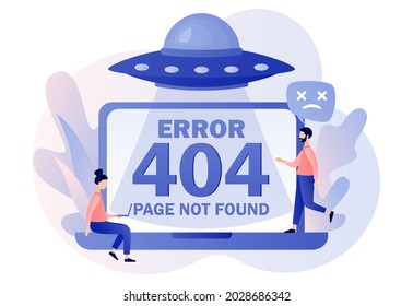 404 error - text on laptop screen. Page not found. UFO. Tiny people updates system, installation programs, system maintenance. Modern flat cartoon style. Vector illustration on white background