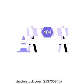 404 Error With Traffic Barrier And Cone In Flat Vector Illustration Symbolizing Website Error, Blocked Access, And Technical Disruption, Isolated on White Background.