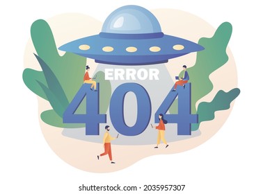 404 error. UFO. Page not found. Tiny people updates system, installation programs, system maintenance. Modern flat cartoon style. Vector illustration on white background