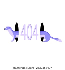 404 Error With Weasel Passing Through Portals In Flat Vector Illustration Symbolizing Curiosity And Playfulness, Isolated On White Background.