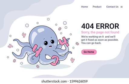 404 error web page design template with cute flat octopus on white background