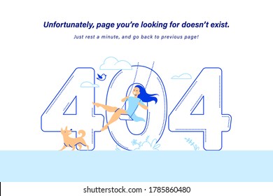 404 error web page design. Vector line art illustration with young smiling girl swinging on a swing on nature. Landing page, mobile app, web banner.