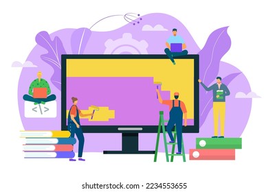 404 error web page design concept, warning sign vector illustration. Laptop screen with error. Small people repair site with problem.