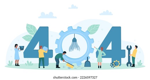 404 Error, web page or file not found vector illustration. Cartoon tiny people of maintenance service holding construction tools to repair network connection, warning message about internet problems